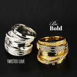 Twisted Love 18K Yellow White Gold Vermeil Gold Diamond Simulant Pave Ring, Designer Runway, Valentine's Day Gift For her
