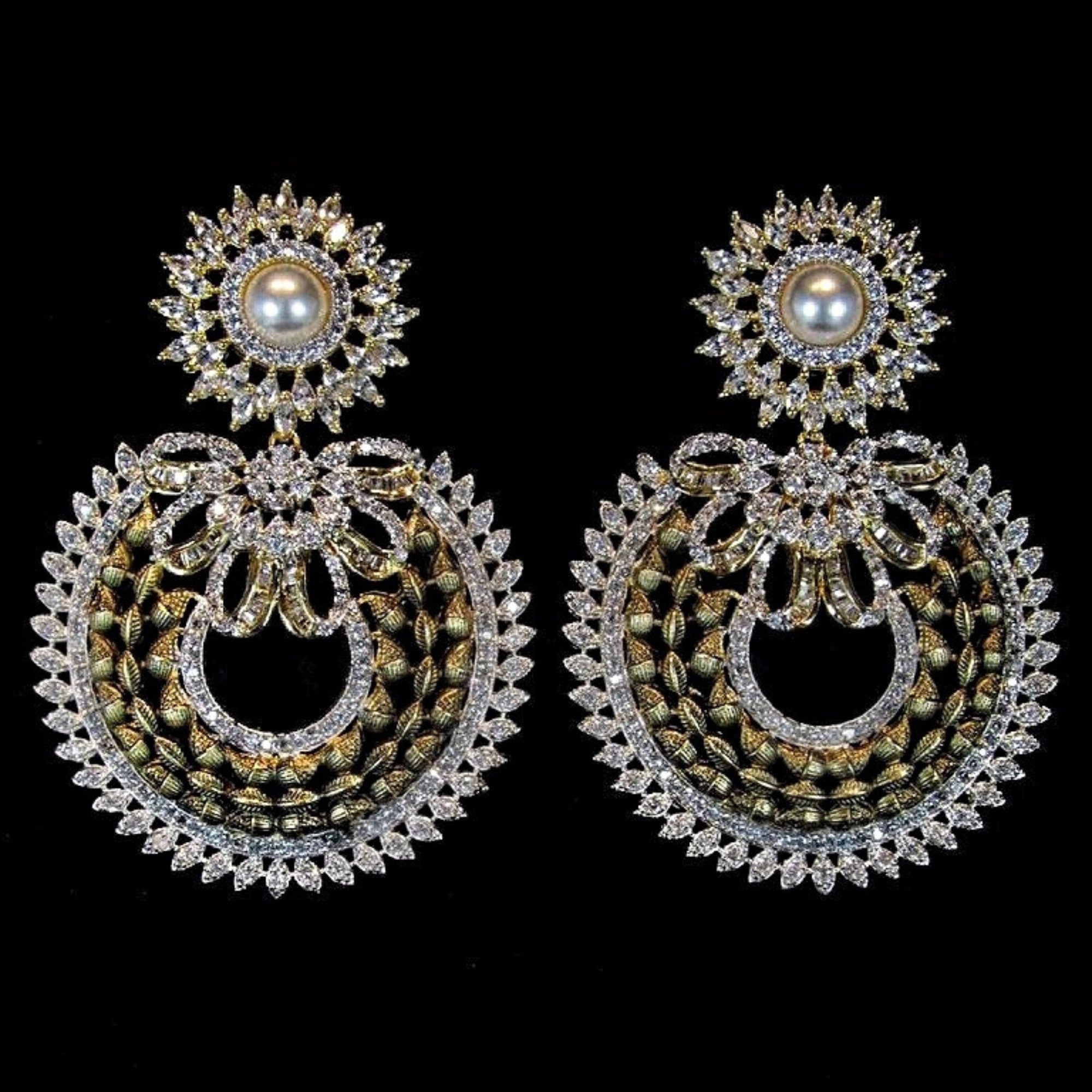 18K Faux Pearl White Yellow Gold Plated Baugette Pave Illusion Stones Dangling Drop Earrings, Wedding Earrings, Runway, Couture