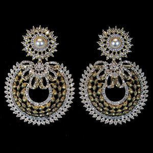 18K Faux Pearl White Yellow Gold Plated Baugette Pave Illusion Stones Dangling Drop Earrings, Wedding Earrings, Runway, Couture