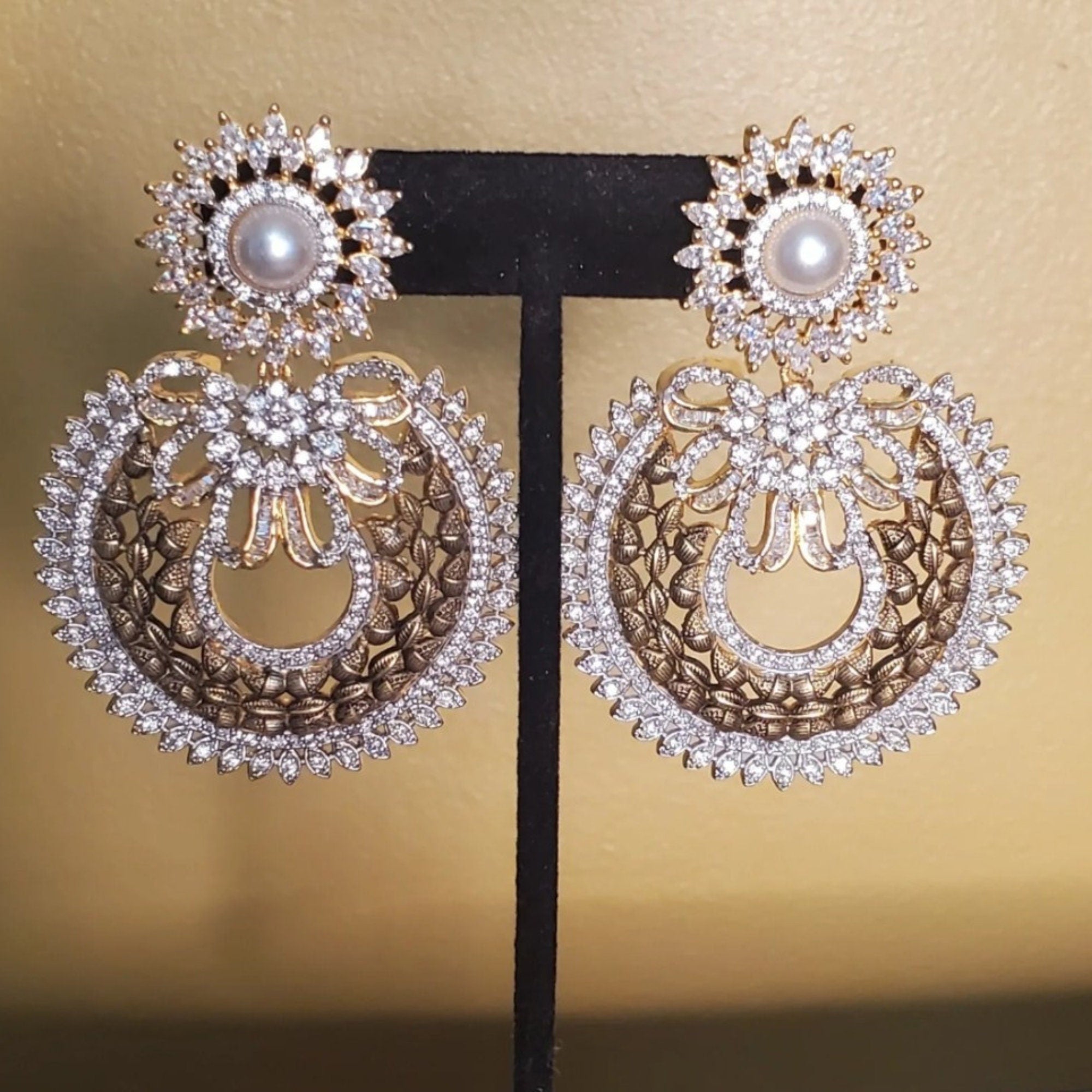 18K Faux Pearl White Yellow Gold Plated Baugette Pave Illusion Stones Dangling Drop Earrings, Wedding Earrings, Runway, Couture