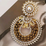 18K Faux Pearl White Yellow Gold Plated Baugette Pave Illusion Stones Dangling Drop Earrings, Wedding Earrings, Runway, Couture