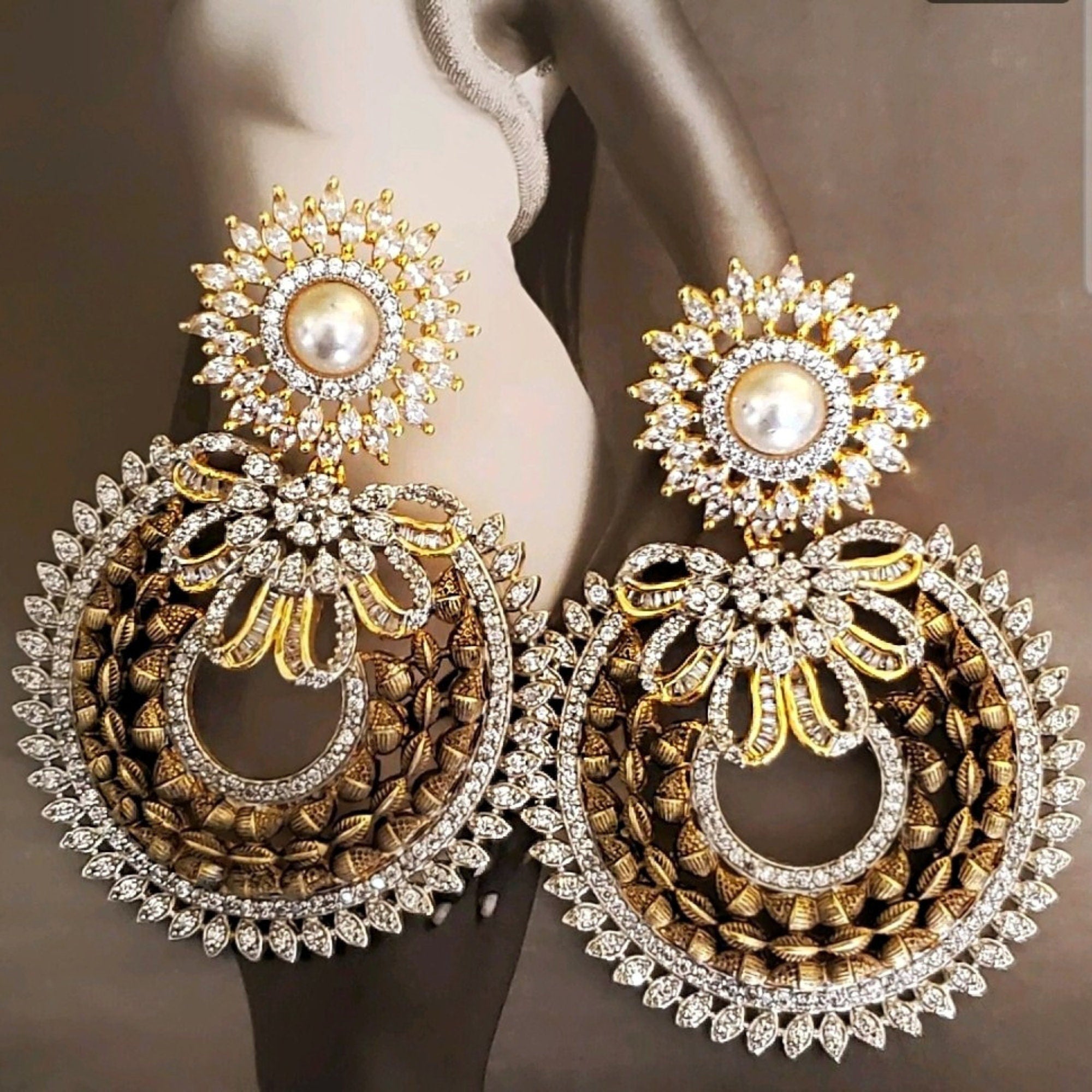 18K Faux Pearl White Yellow Gold Plated Baugette Pave Illusion Stones Dangling Drop Earrings, Wedding Earrings, Runway, Couture