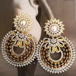 18K Faux Pearl White Yellow Gold Plated Baugette Pave Illusion Stones Dangling Drop Earrings, Wedding Earrings, Runway, Couture