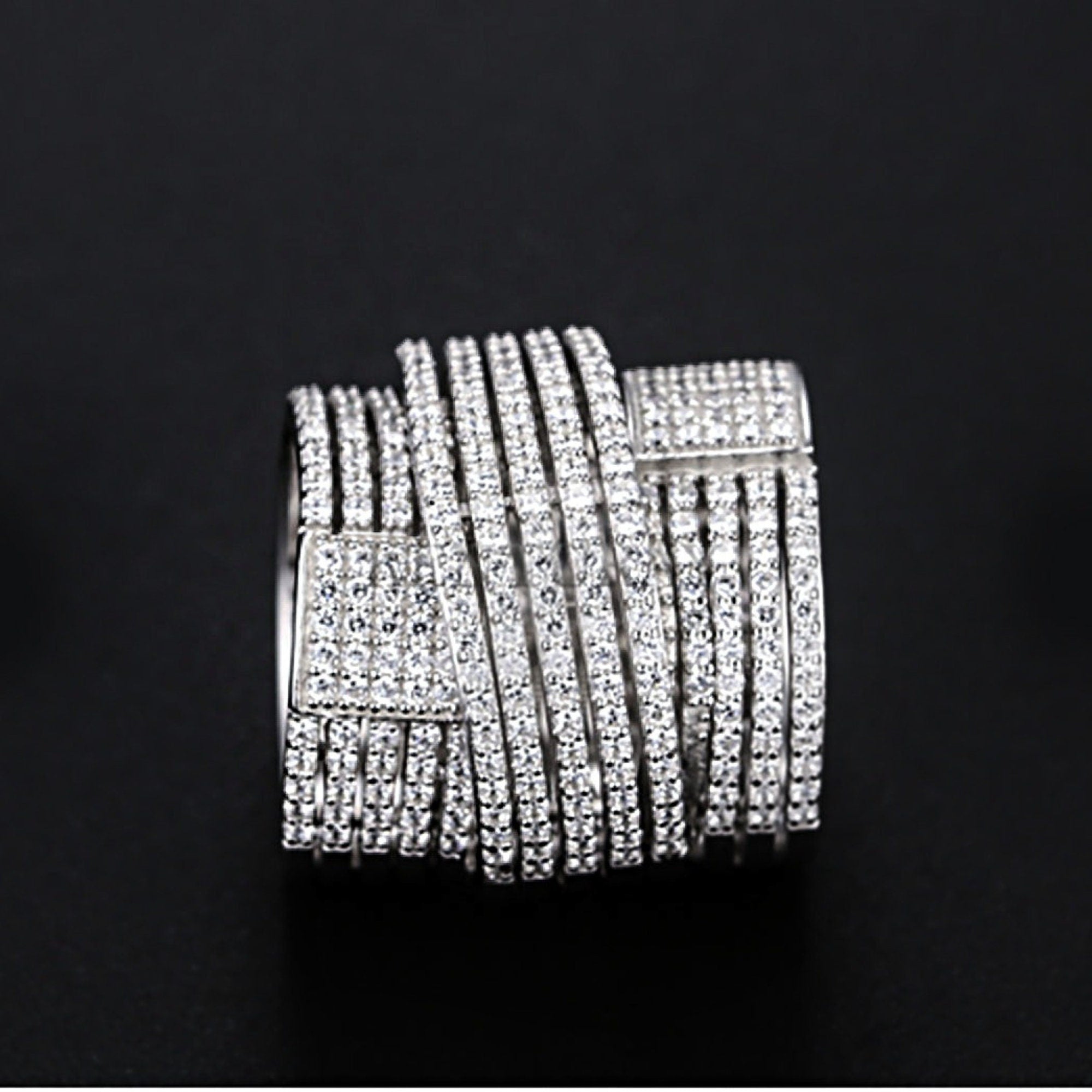 Barrel 18K Gold Vermeil Sterling Silver Base Pave Illusion Stones Ring, Wedding Earrings, Runway, Couture, Statement Rings