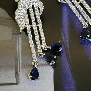 Stunning! Flower Pave Illusion Blue Sapphire Dangling 18K White Gold Plated Earrings, Couture, Bridal Earrings, Wedding Statement Earrings
