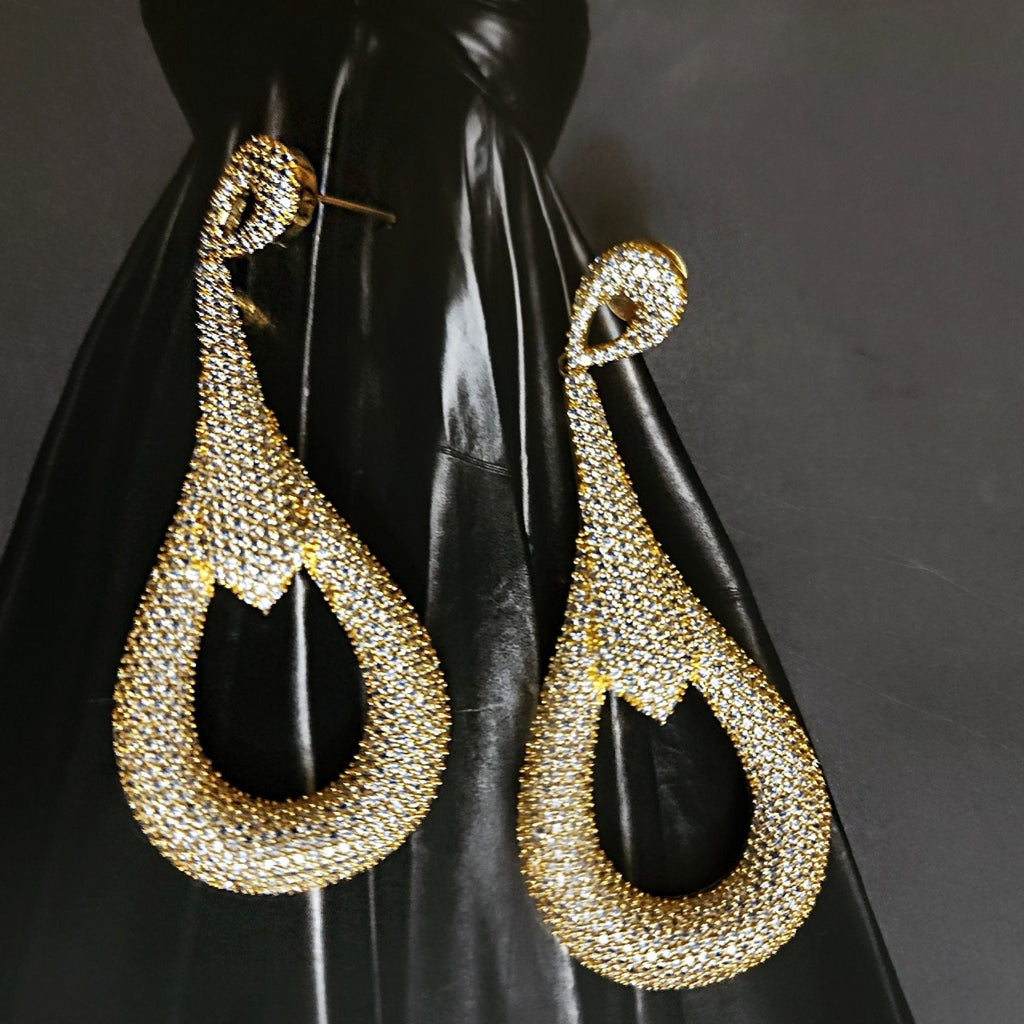 Stunning! 18K Yellow Gold Plated Pave Stones Earrings Couture, Bridal Earrings, Wedding Statement Earrings