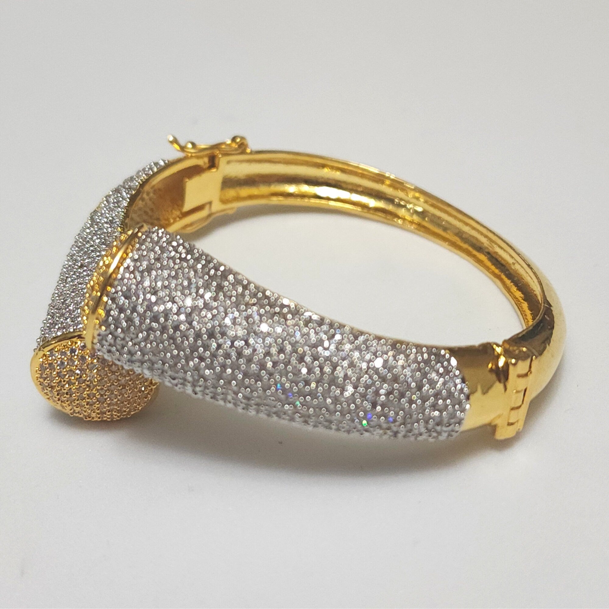 18K White Yellow Gold Plated Pave Illusion Stones Triangle Dangling Drop Bracelet, Bangel, Wedding Jewelry, Couture