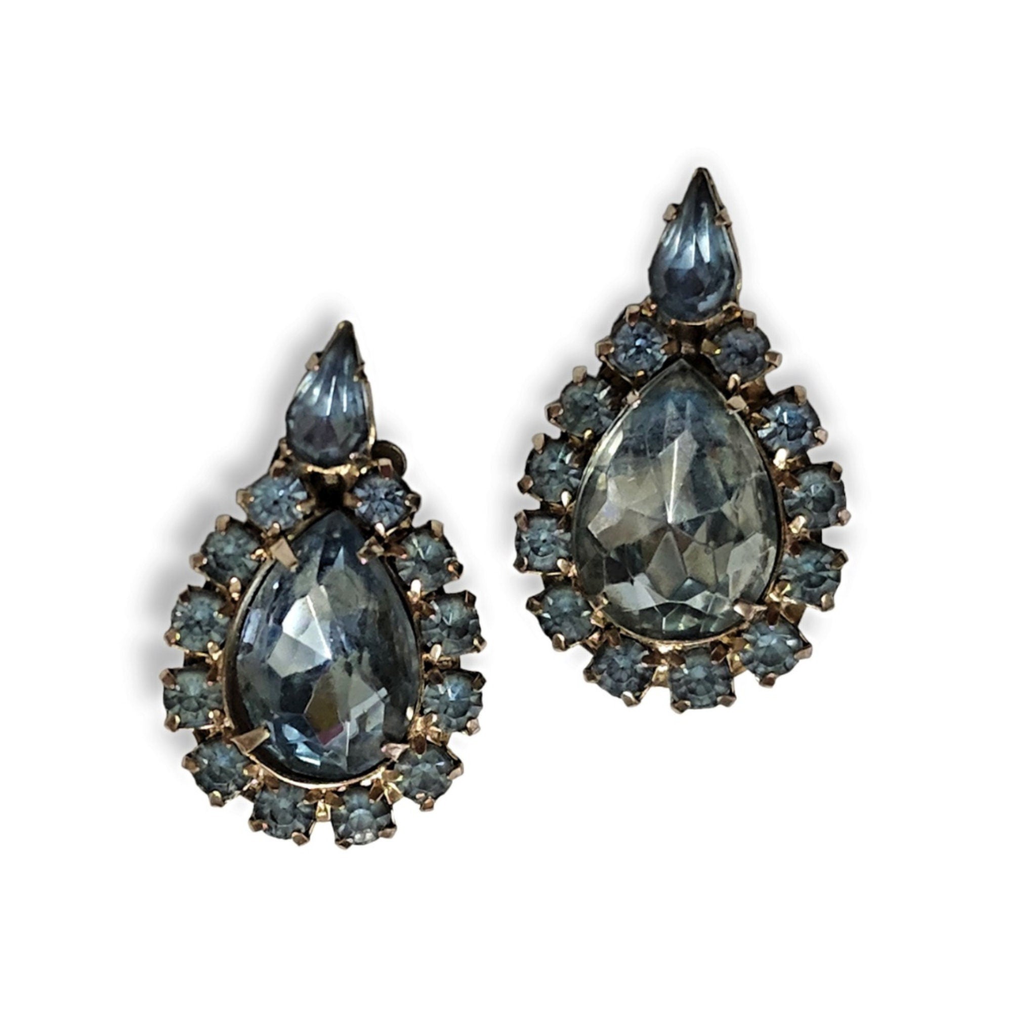 Ice Blue Glass Faux Topaz Tear Drop Clip On Rhinestones Vintage Earrings