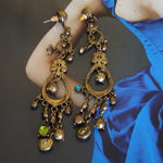 Gorgeous Multicolor Victorian Style Glass Crystal Stones Romantic Chandelier Antique Brush Gold Earrings, Pierced Earrings