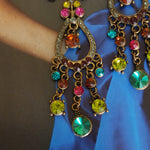 Gorgeous Multicolor Victorian Style Glass Crystal Stones Romantic Chandelier Antique Brush Gold Earrings, Pierced Earrings