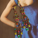 Gorgeous Multicolor Victorian Style Glass Crystal Stones Romantic Chandelier Antique Brush Gold Earrings, Pierced Earrings