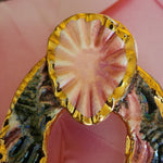 Pink Floral Porcelain Hoop Pierced Handmade Handpainted 22K Yellow Gold Trim Vintage Earrings