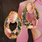 Pink Floral Porcelain Hoop Pierced Handmade Handpainted 22K Yellow Gold Trim Vintage Earrings