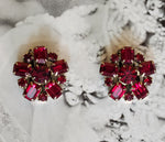 Lovely Weiss Floral Glass Ruby Stone Silvertone Vintage Clip On Earrings