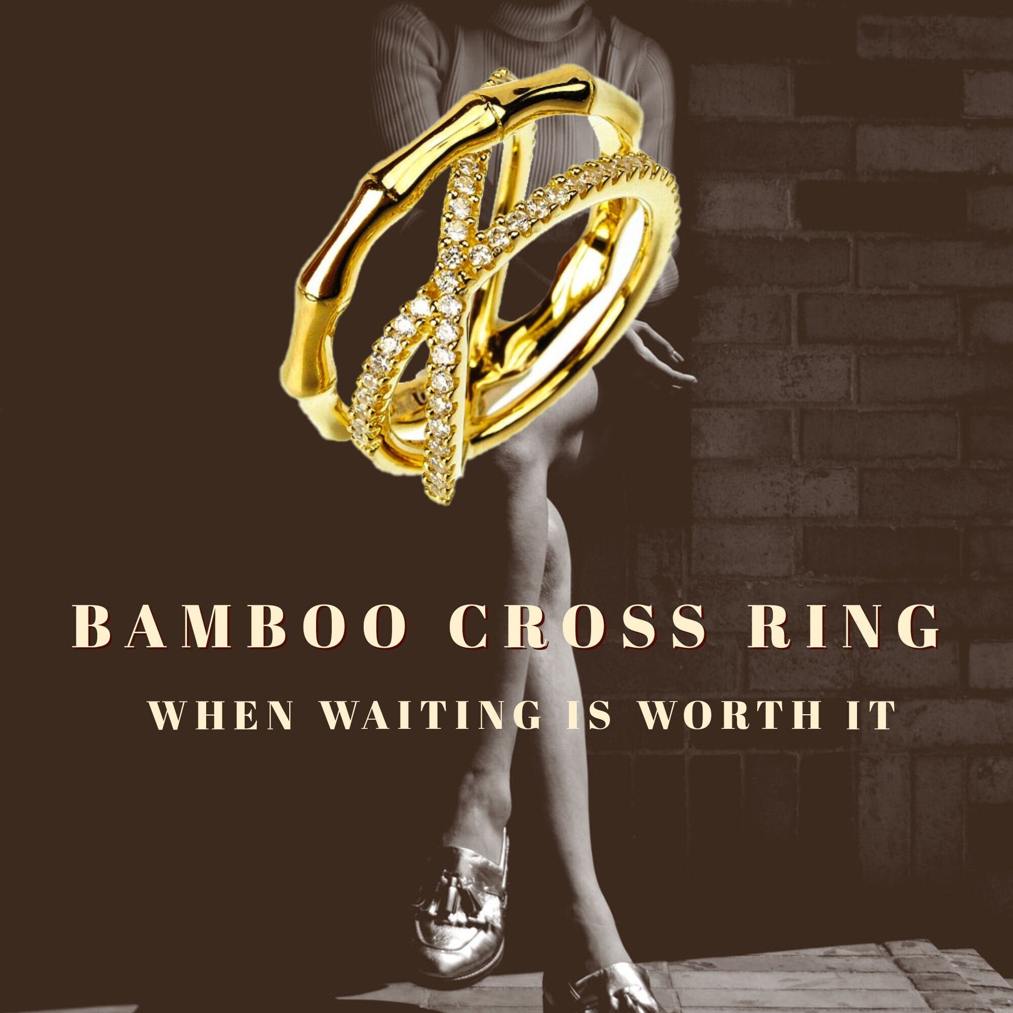 Beautiful 18K White Yellow Gold Vermeil Bamboo Cross Diamond Simulant Ring, Mother's Day Gift, Valentine's Day Gift For her