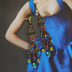 Gorgeous Multicolor Victorian Style Glass Crystal Stones Romantic Chandelier Antique Brush Gold Earrings, Pierced Earrings