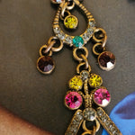 Gorgeous Multicolor Victorian Style Glass Crystal Stones Romantic Chandelier Antique Brush Gold Earrings, Pierced Earrings