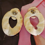 Pink Floral Porcelain Hoop Pierced Handmade Handpainted 22K Yellow Gold Trim Vintage Earrings