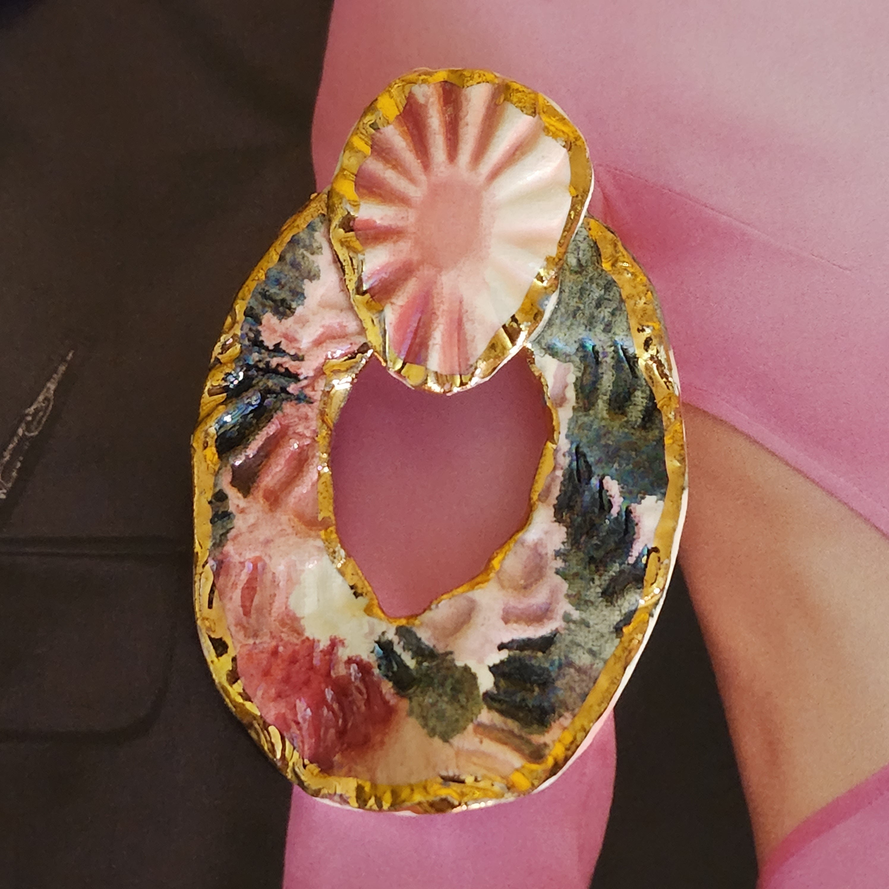 Pink Floral Porcelain Hoop Pierced Handmade Handpainted 22K Yellow Gold Trim Vintage Earrings