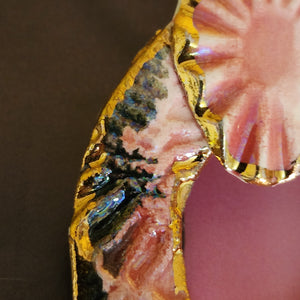 Pink Floral Porcelain Hoop Pierced Handmade Handpainted 22K Yellow Gold Trim Vintage Earrings