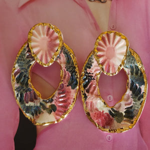 Pink Floral Porcelain Hoop Pierced Handmade Handpainted 22K Yellow Gold Trim Vintage Earrings
