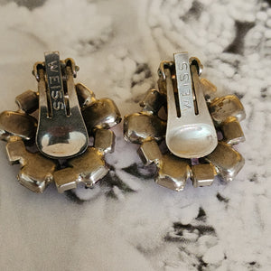 Lovely Weiss Floral Glass Ruby Stone Silvertone Vintage Clip On Earrings