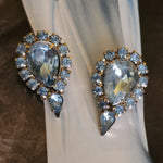 Ice Blue Glass Faux Topaz Tear Drop Clip On Rhinestones Vintage Earrings