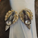 Ice Blue Glass Faux Topaz Tear Drop Clip On Rhinestones Vintage Earrings