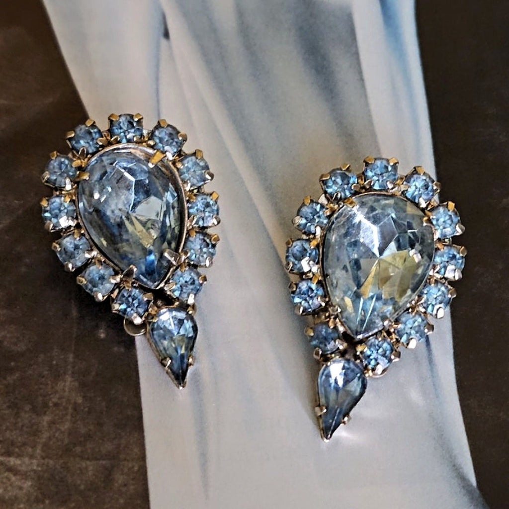 Ice Blue Glass Faux Topaz Tear Drop Clip On Rhinestones Vintage Earrings