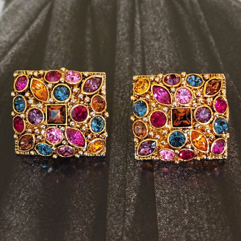 Stunning Mosaic Glass Sapphire Cluster Gold Plated Earrings