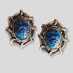 BLUE SCARAB Beetle Eyptian Revival Silvertone Clip On earrings, Beetle Egyptian Earrings