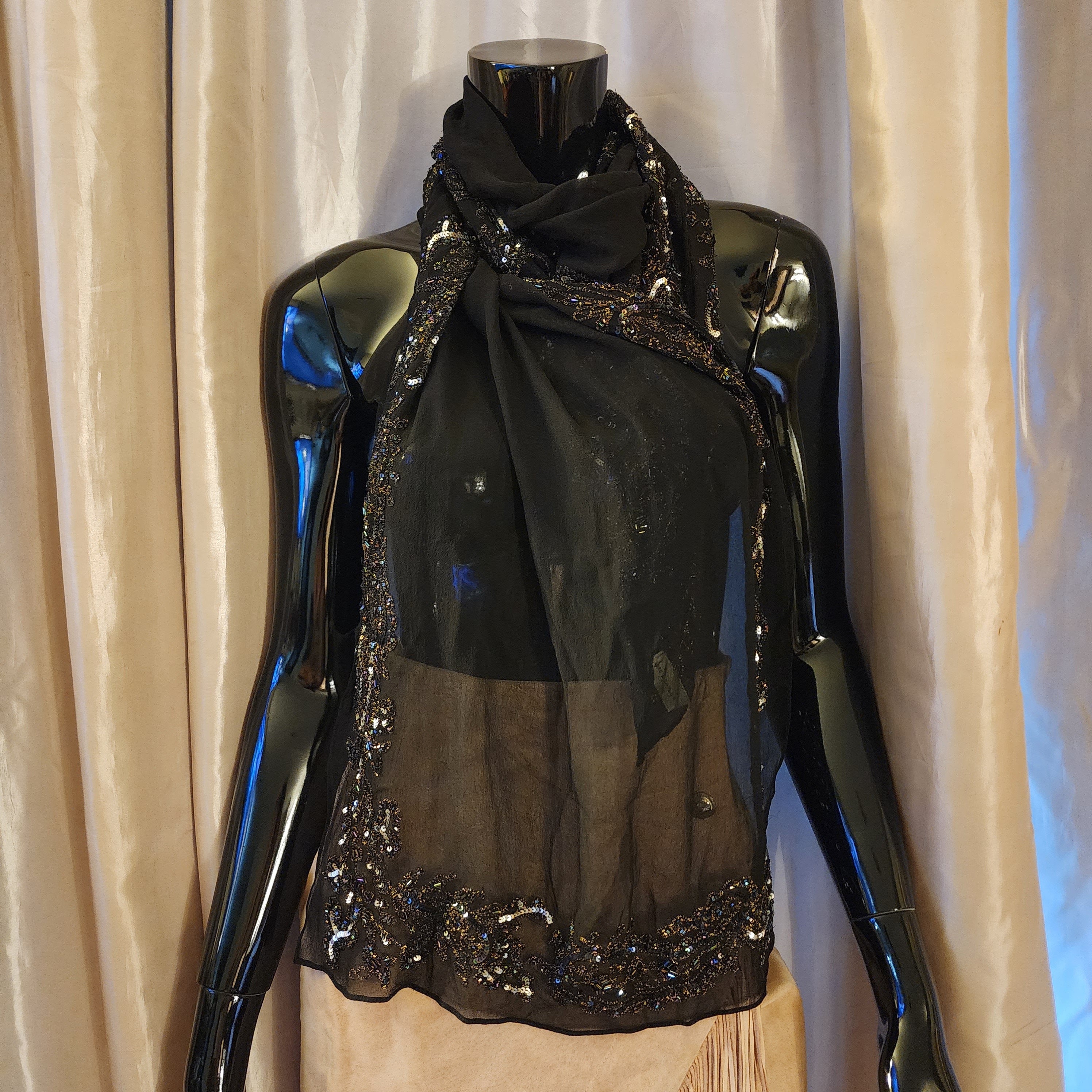 72" Vintage Lord and Taylor Black Silk Sequence Scarf