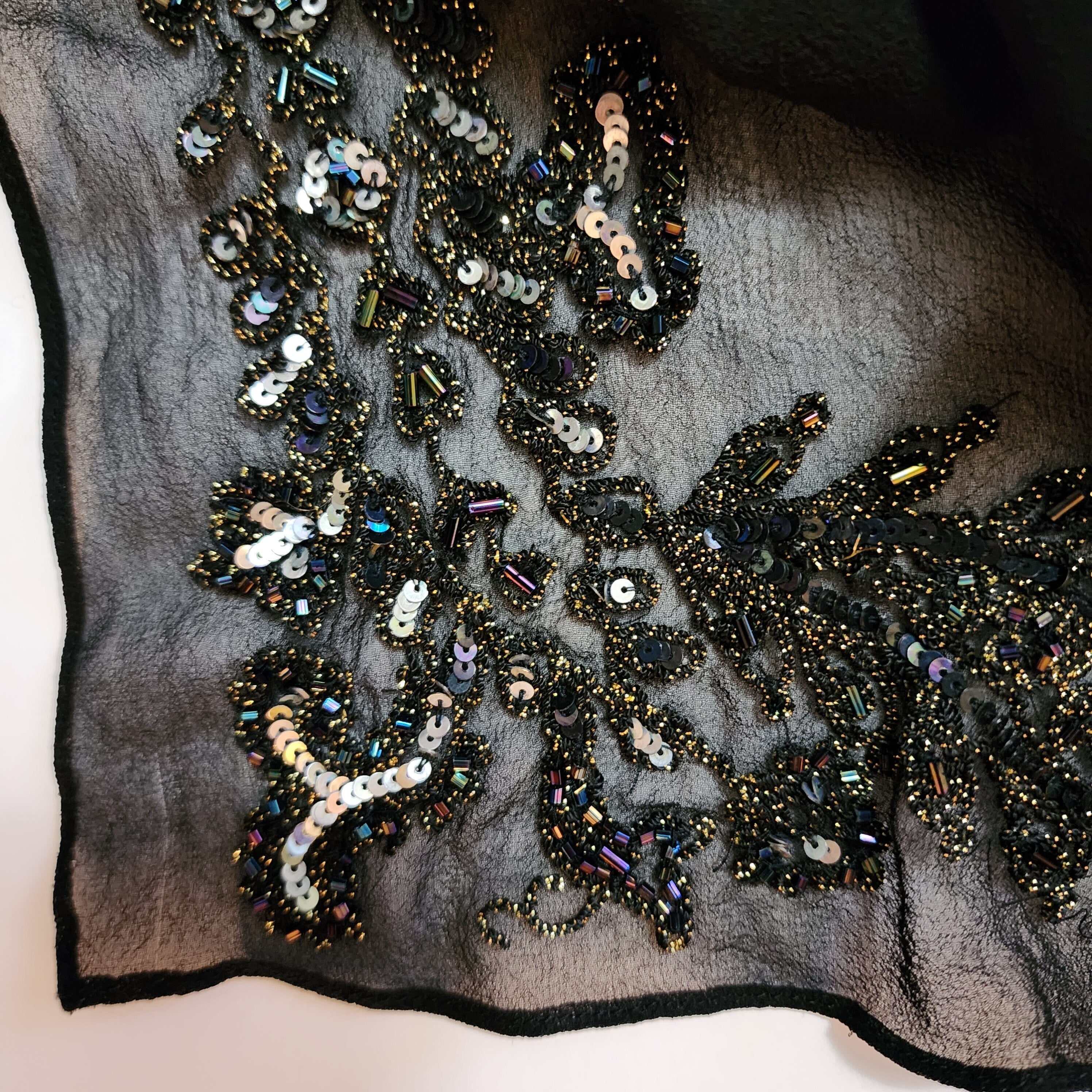 72" Vintage Lord and Taylor Black Silk Sequence Scarf
