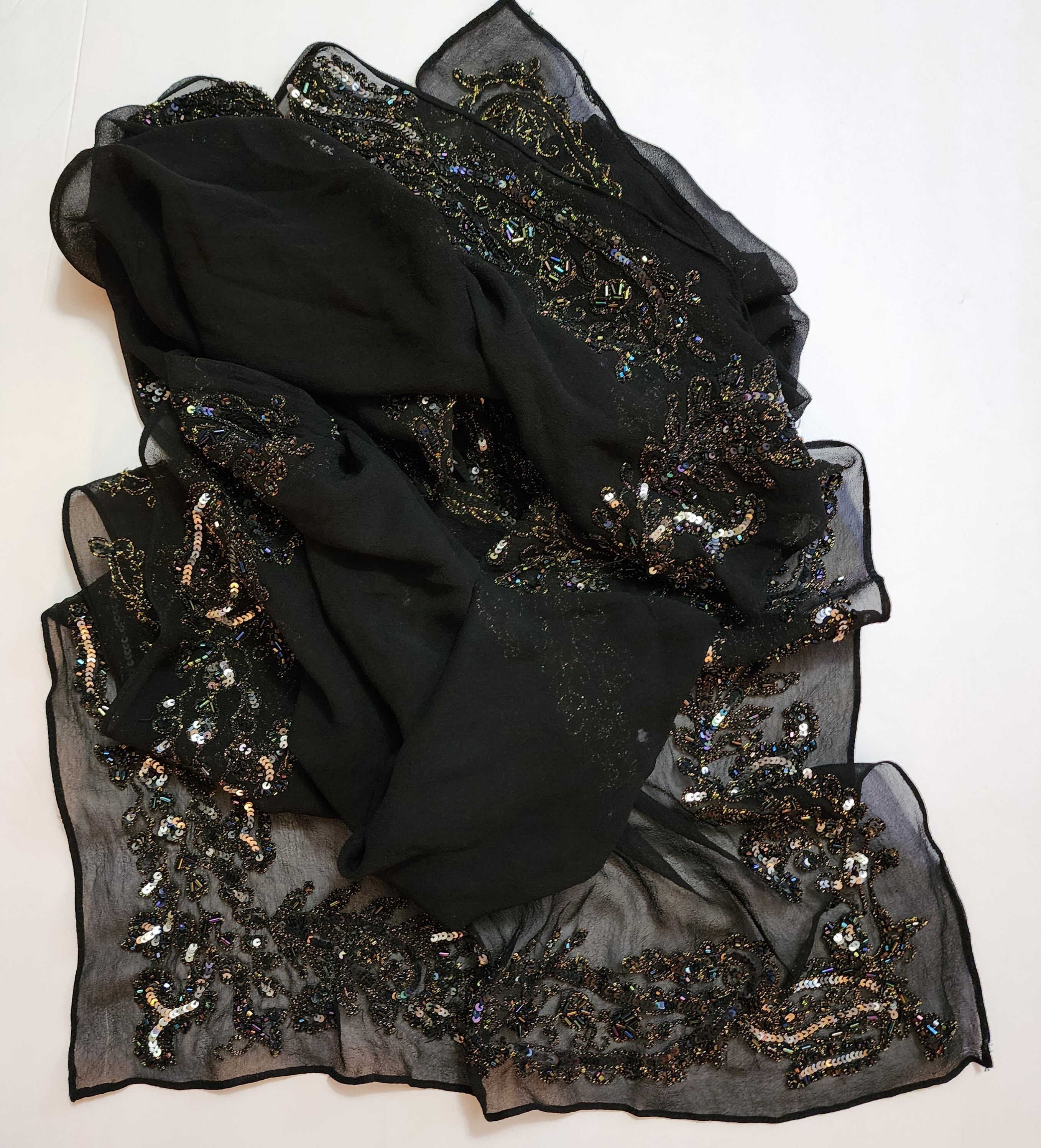 72" Vintage Lord and Taylor Black Silk Sequence Scarf
