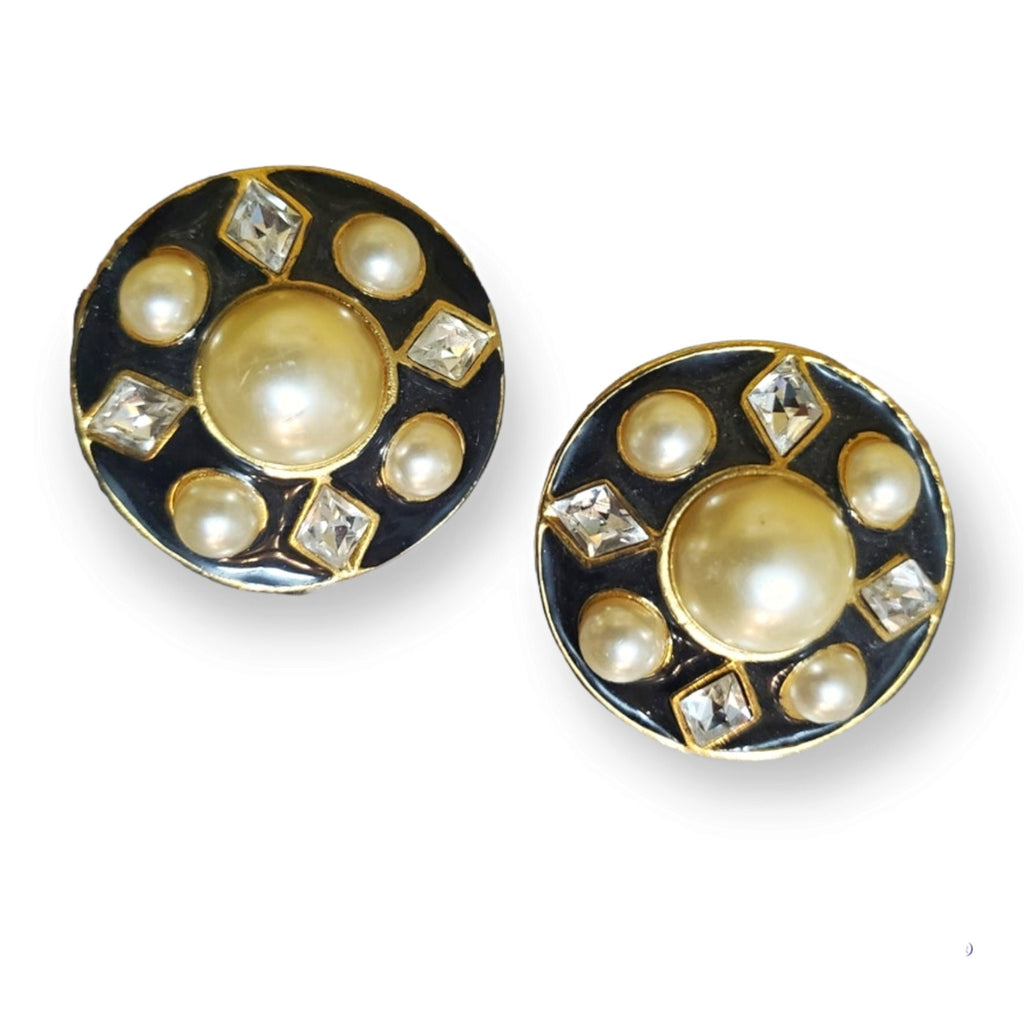 Bold Statement Baroque Pearl Rhinestone Black Enamel Clip On Gold Plated Vintage Earrings