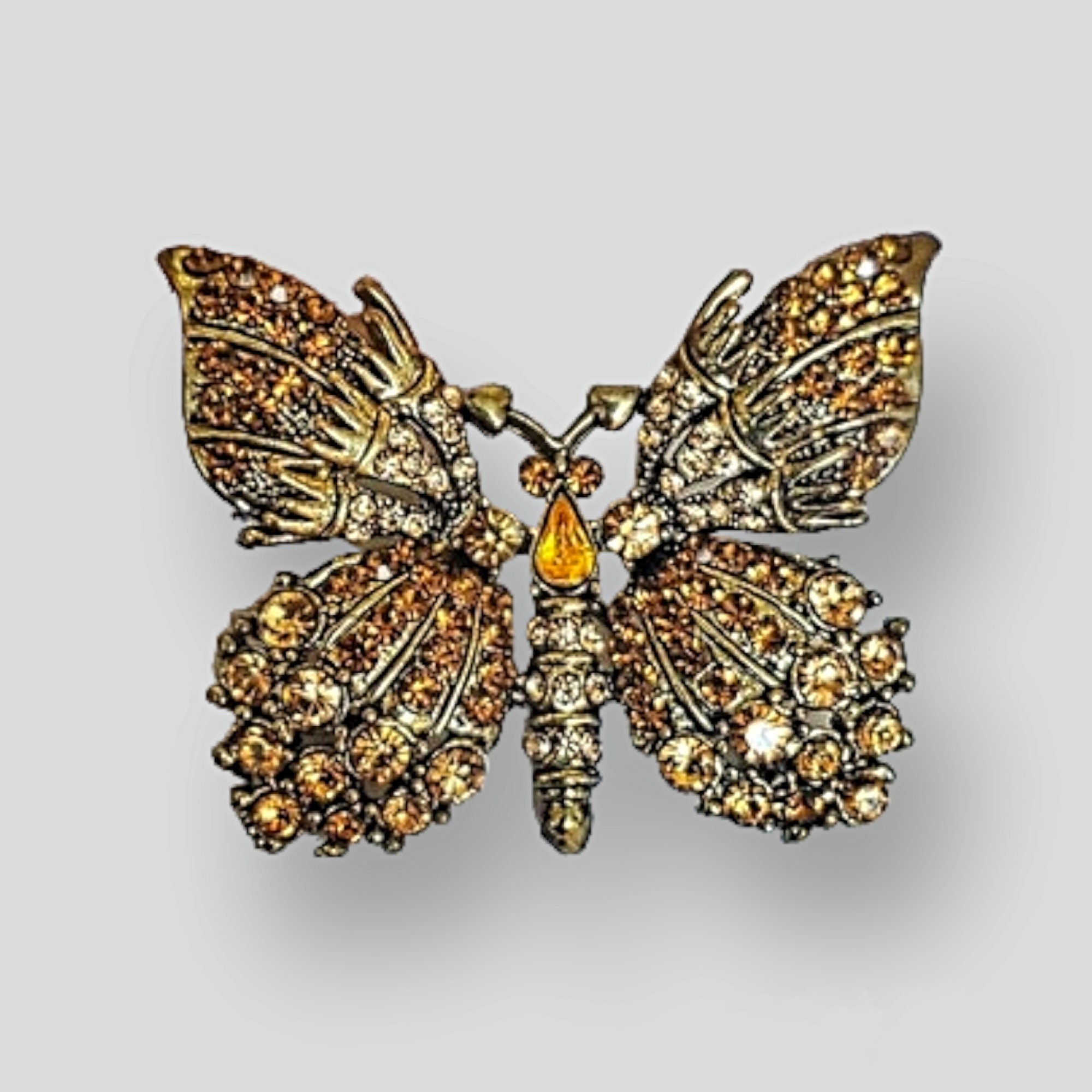 Gorgeous Amber Orange Rhinestone Antique Gold Butterfly Brooch, Topaz Citrine Root Beer Rhinestone, D&E Juliana?
