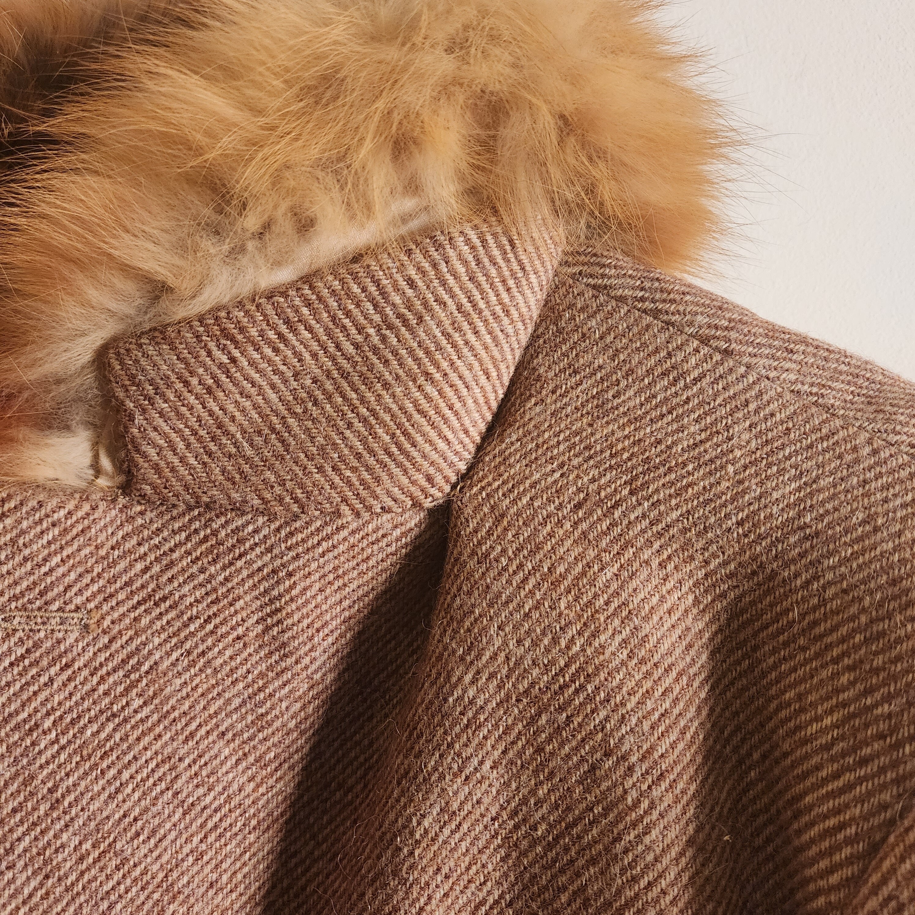 Polo Ralph Lauren Fox Fur Vintage Blazer Brown Mauve Herringbone Tweed With Fur Collar Sleeve (S)