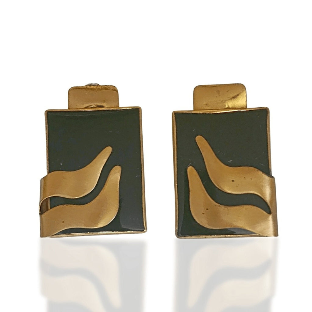Stunning Brutalist Artisan Brass and Black Enamel Clip On Vintage Earrings