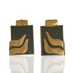 Stunning Brutalist Artisan Brass and Black Enamel Clip On Vintage Earrings