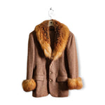 Polo Ralph Lauren Fox Fur Vintage Blazer Brown Mauve Herringbone Tweed With Fur Collar Sleeve (S)