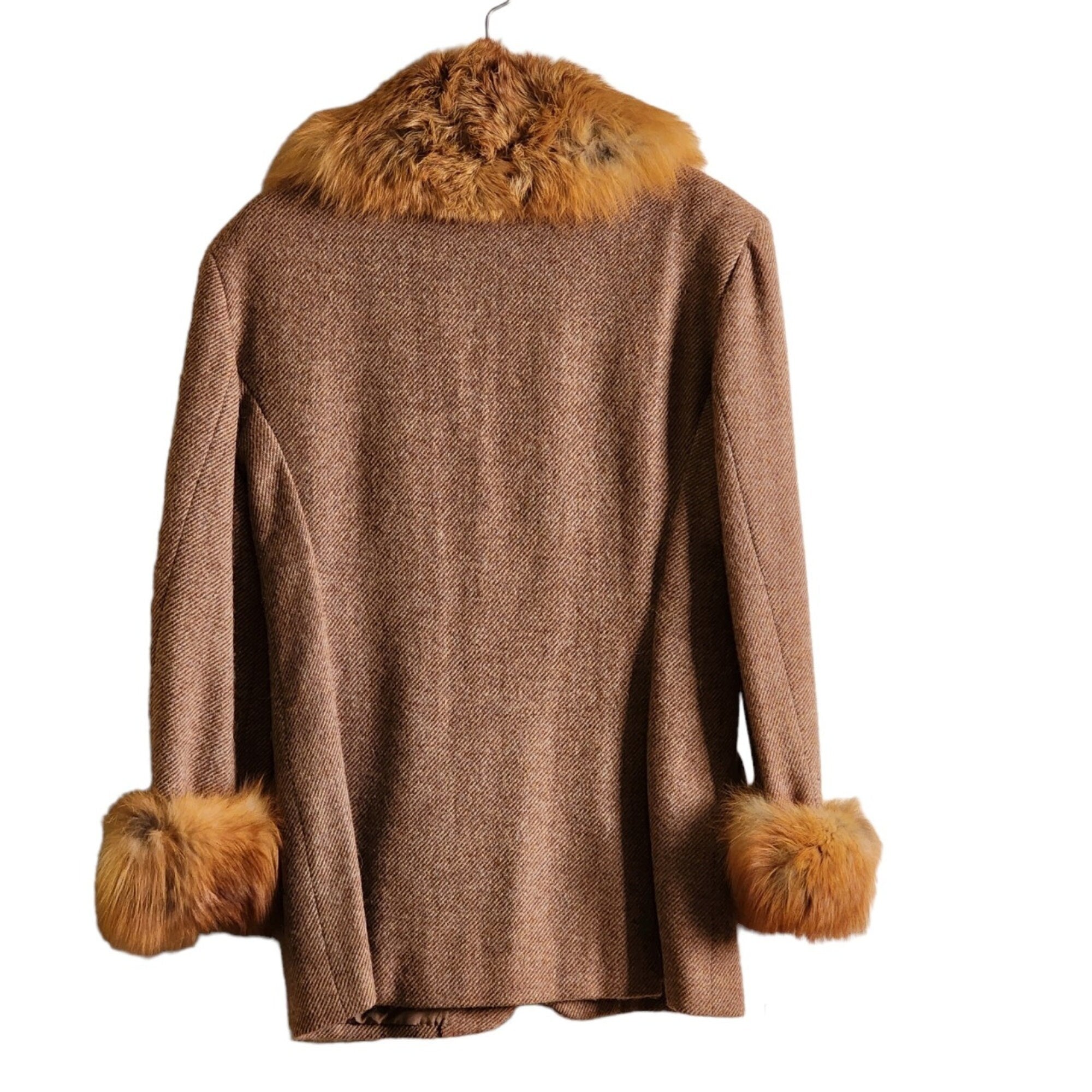 Polo Ralph Lauren Fox Fur Vintage Blazer Brown Mauve Herringbone Tweed With Fur Collar Sleeve (S)