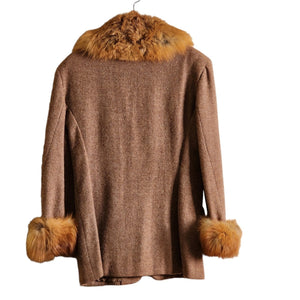Polo Ralph Lauren Fox Fur Vintage Blazer Brown Mauve Herringbone Tweed With Fur Collar Sleeve (S)