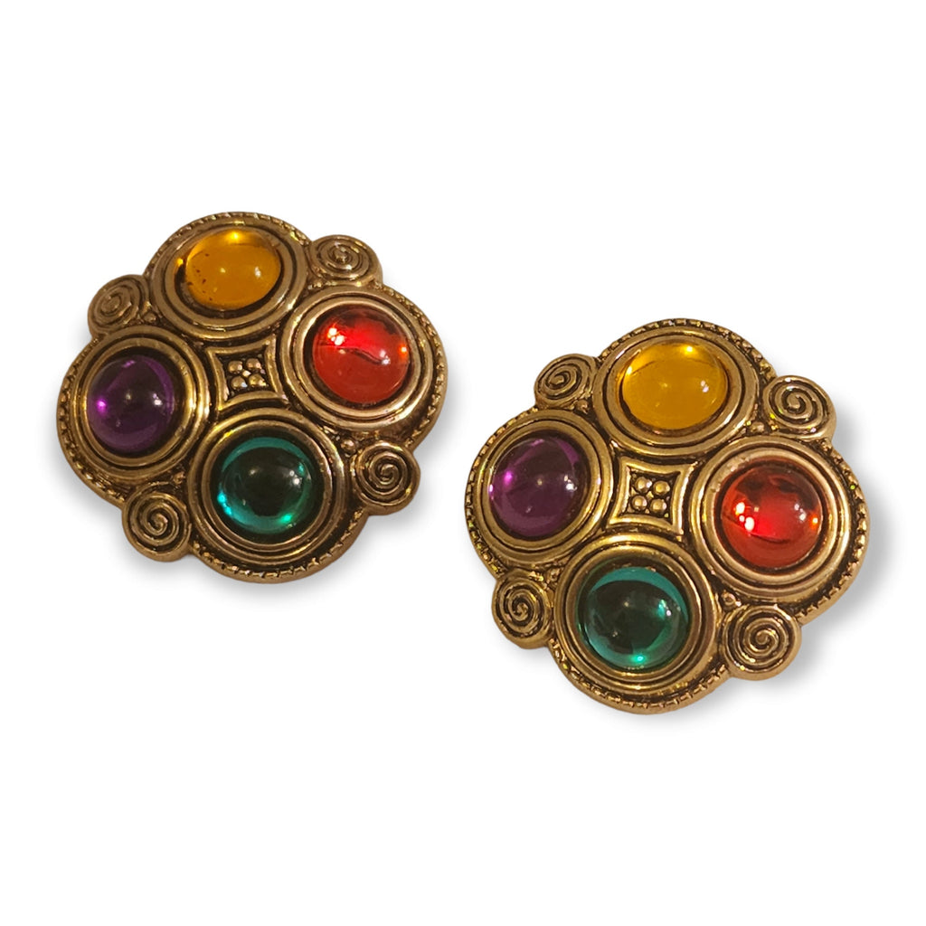 French Mogul Gripoix Style Cabochon Vintage Clip On Earrings