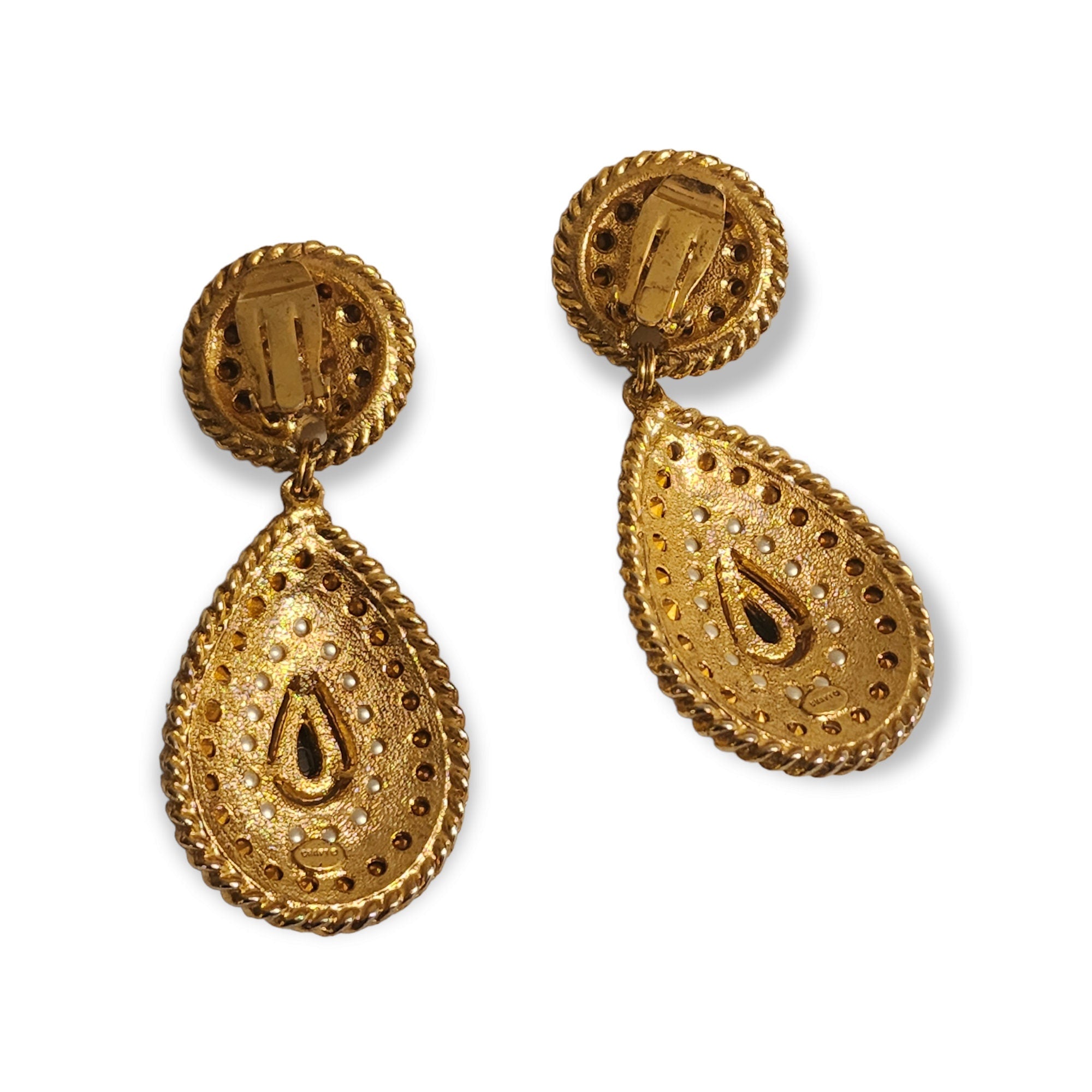 CRAFT Dangle Drop Pearl Black Crystals Vintage Gold Plated Clip On Earrings