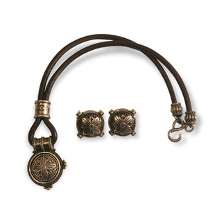 Linda Levinson Etruscan Silver Tone Leather Strap Necklace and Clip-On Earrings