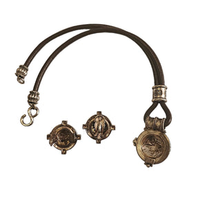 Linda Levinson Etruscan Silver Tone Leather Strap Necklace and Clip-On Earrings