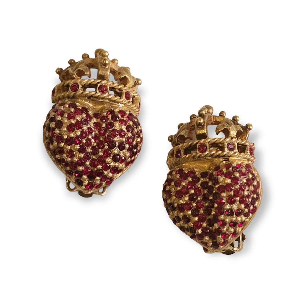 LINDA LEVINSON Crowned Heart Glass Ruby Crystal Gold Plated Earrings
