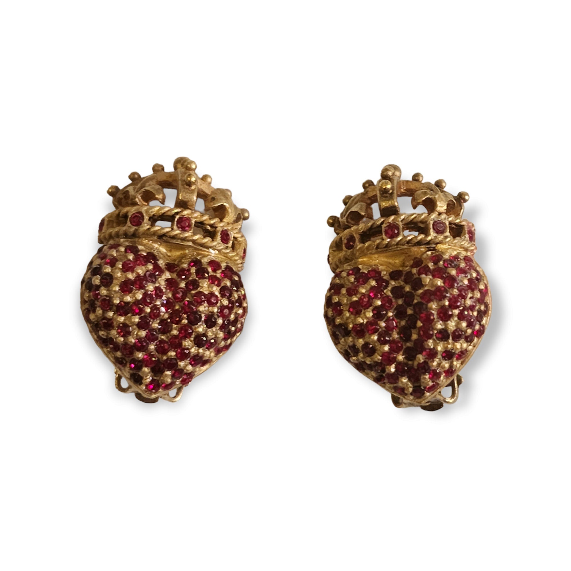 LINDA LEVINSON Crowned Heart Glass Ruby Crystal Gold Plated Earrings