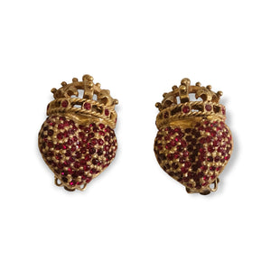 LINDA LEVINSON Crowned Heart Glass Ruby Crystal Gold Plated Earrings