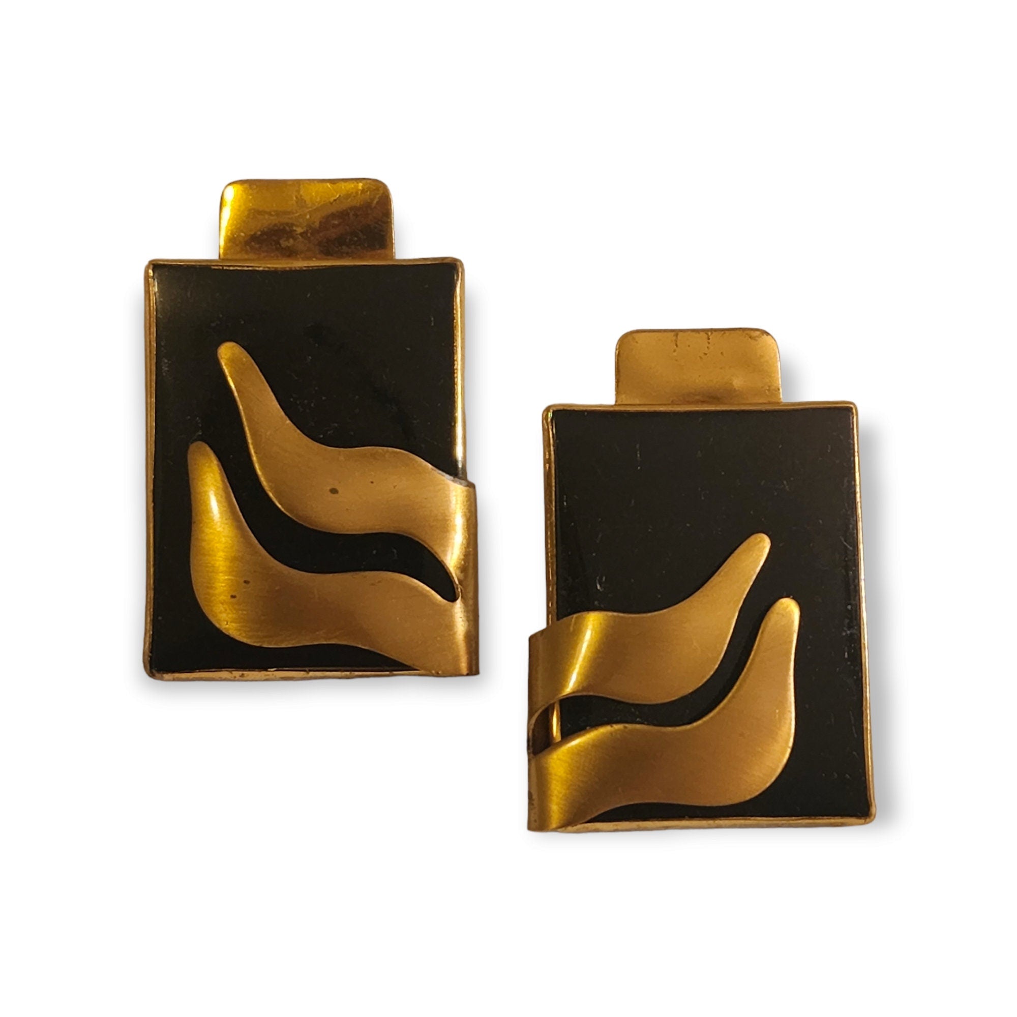Stunning Brutalist Artisan Brass and Black Enamel Clip On Vintage Earrings